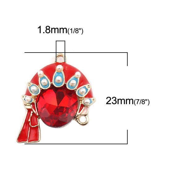 Immagine di Lega di Zinco Connettore Accessori Opera di Pechino Oro Placcato Multicolore Smalto Rosso Strass 23mm x 20mm, 4 Pz