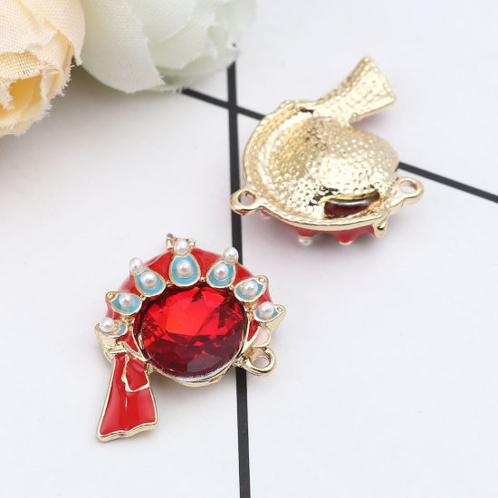 Immagine di Lega di Zinco Connettore Accessori Opera di Pechino Oro Placcato Multicolore Smalto Rosso Strass 23mm x 20mm, 4 Pz