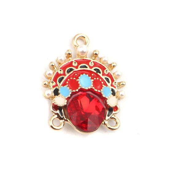 Immagine di Lega di Zinco Connettore Accessori Opera di Pechino Oro Placcato Multicolore Smalto Rosso Strass 22mm x 18mm, 4 Pz