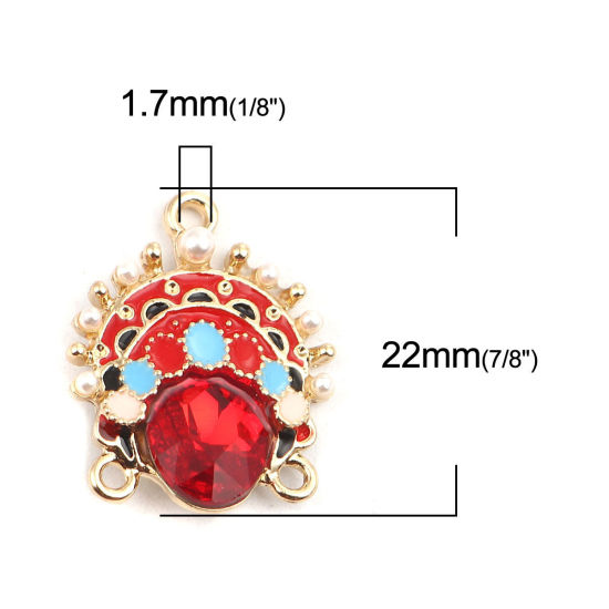 Immagine di Lega di Zinco Connettore Accessori Opera di Pechino Oro Placcato Multicolore Smalto Rosso Strass 22mm x 18mm, 4 Pz