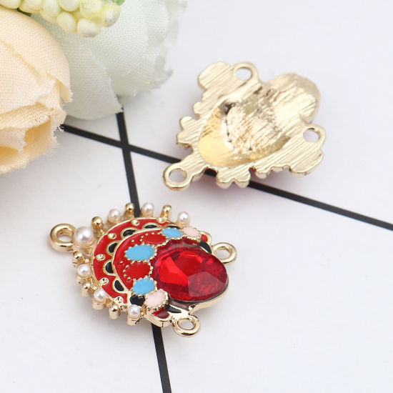 Immagine di Lega di Zinco Connettore Accessori Opera di Pechino Oro Placcato Multicolore Smalto Rosso Strass 22mm x 18mm, 4 Pz
