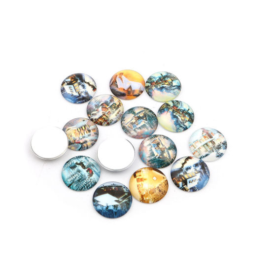 Picture of Glass Christmas Dome Seals Cabochon Round Flatback At Random Pattern 25mm Dia, 20 PCs