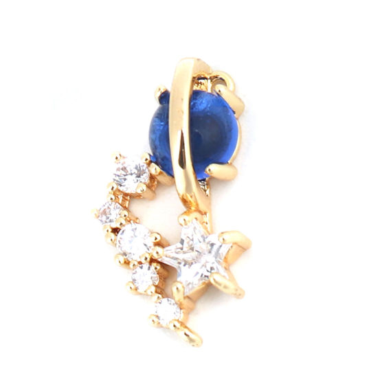 Picture of Brass Galaxy Charms 18K Real Gold Plated Blue Planet Clear Rhinestone 19mm x 11mm, 1 Piece                                                                                                                                                                    