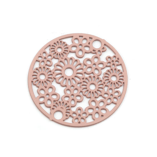 Picture of Brass Filigree Stamping Connectors Round Pale Pinkish Gray Flower 20mm Dia., 10 PCs                                                                                                                                                                           