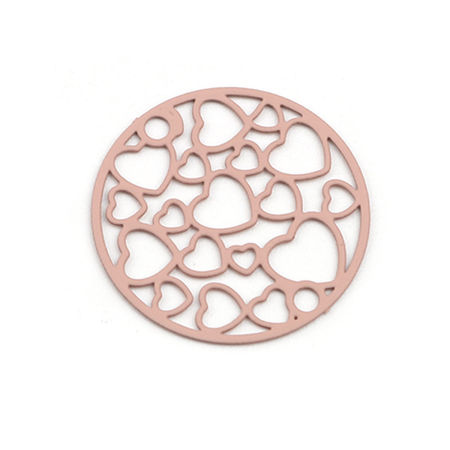 Bild von Messing Filigran Stempel Verzierung Verbinder Rund Blassrosa Herz 20mm D., 10 Stück
