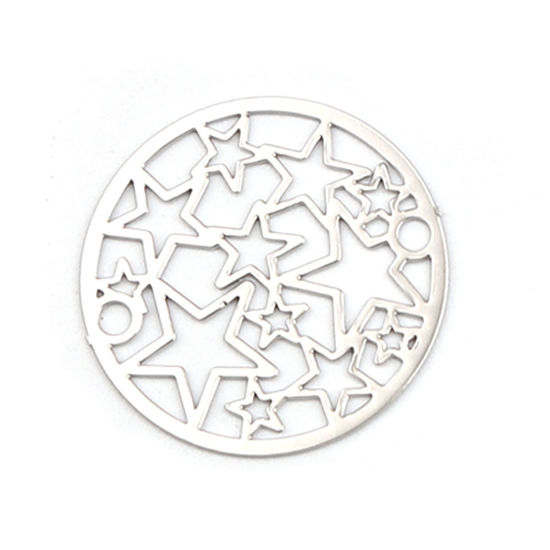 Picture of Brass Filigree Stamping Connectors Round Silver Tone Pentagram Star 20mm Dia., 10 PCs                                                                                                                                                                         
