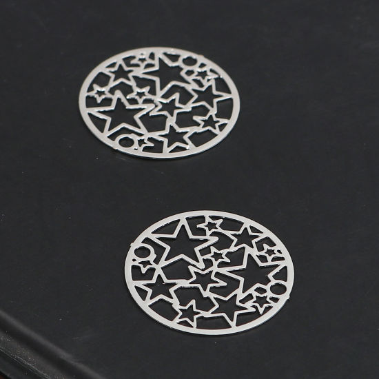 Image de Connecteurs Estampe en Filigrane en Laiton Rond Argent Mat Pentacle 20mm Dia, 10 Pcs                                                                                                                                                                          