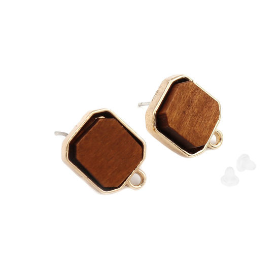 Picture of Zinc Based Alloy & Wood Ear Post Stud Earrings Findings Rectangle Gold Plated Brown 16mm x 13mm, Post/ Wire Size: (21 gauge), 4 PCs