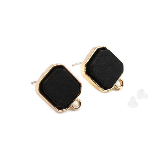 Picture of Zinc Based Alloy & Wood Ear Post Stud Earrings Findings Square Gold Plated Black 16mm x 13mm, Post/ Wire Size: (21 gauge), 4 PCs