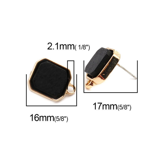 Image de Boucles d'Oreilles Puces en Alliage de Zinc & Bois Naturel Carré Noir Doré 16mm x 13mm, Epaisseur de Fil: (21 gauge), 4 Pcs