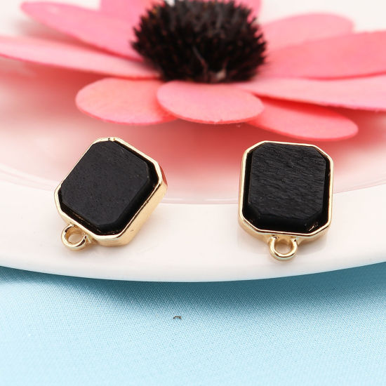 Image de Boucles d'Oreilles Puces en Alliage de Zinc & Bois Naturel Carré Noir Doré 16mm x 13mm, Epaisseur de Fil: (21 gauge), 4 Pcs
