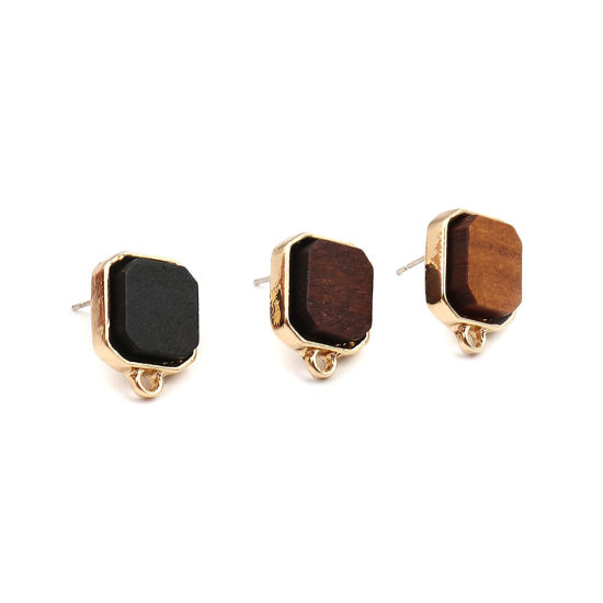 Image de Boucles d'Oreilles Puces en Alliage de Zinc & Bois Naturel Carré Noir Doré 16mm x 13mm, Epaisseur de Fil: (21 gauge), 4 Pcs