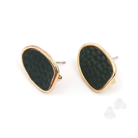 Picture of Zinc Based Alloy & PU Ear Post Stud Earrings Findings Drop Gold Plated Green W/ Loop 19mm x 14mm, Post/ Wire Size: (20 gauge), 4 PCs