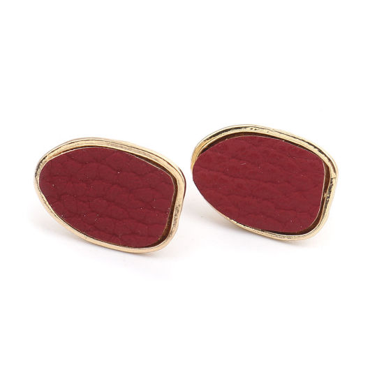 Image de Boucles d'Oreilles Puces en Alliage de Zinc & PU Goutte d'Eau Vin Rouge Doré avec Boucle 19mm x 14mm, Epaisseur de Fil: (21 gauge), 4 Pcs