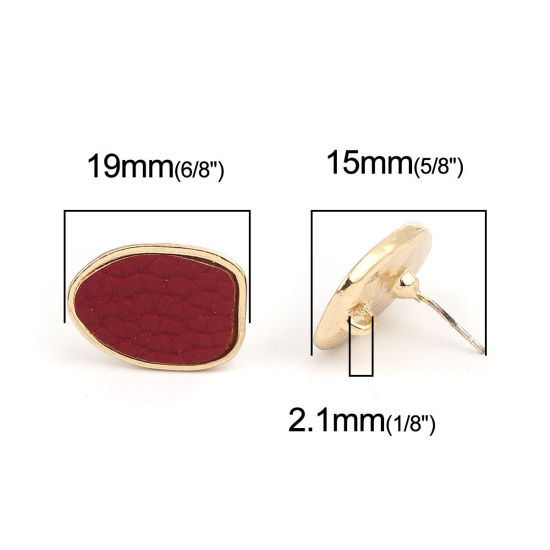 Image de Boucles d'Oreilles Puces en Alliage de Zinc & PU Goutte d'Eau Vin Rouge Doré avec Boucle 19mm x 14mm, Epaisseur de Fil: (21 gauge), 4 Pcs