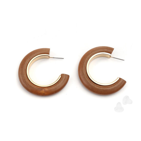 Picture of Zinc Based Alloy & Wood Hoop Earrings Gold Plated Brown C Shape 40mm x 40mm, Post/ Wire Size: (21 gauge), 2 PCs