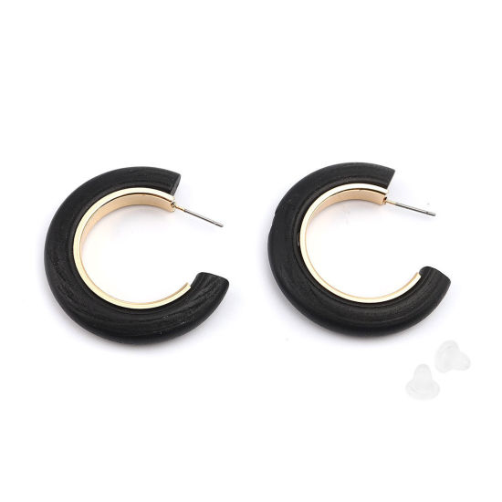 Picture of Zinc Based Alloy & Wood Hoop Earrings Gold Plated Black C Shape 40mm x 40mm, Post/ Wire Size: (21 gauge), 2 PCs