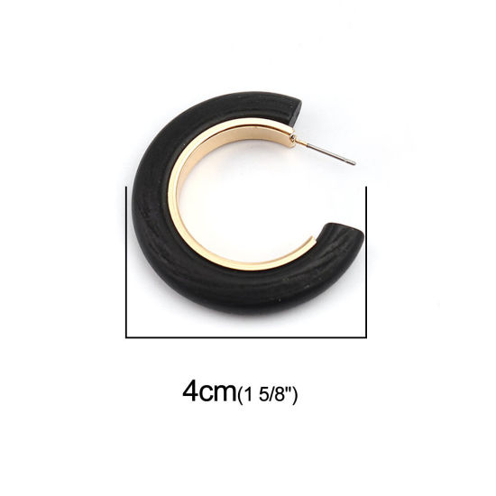 Bild von Zinklegierung & Natürliches HolzOhrreifen Vergoldet Schwarz C-Form 40mm x 40mm, Drahtstärke: (21 gauge), 2 Stück