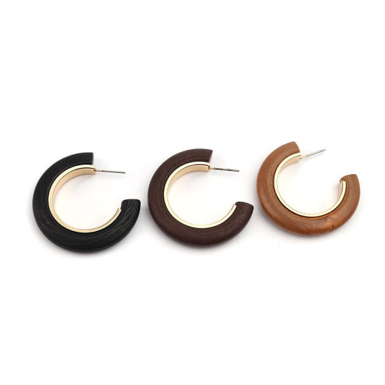 Bild von Zinklegierung & Natürliches HolzOhrreifen Vergoldet Schwarz C-Form 40mm x 40mm, Drahtstärke: (21 gauge), 2 Stück