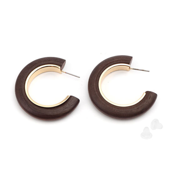 Picture of Zinc Based Alloy & Wood Hoop Earrings Gold Plated Coffee C Shape 40mm x 40mm, Post/ Wire Size: (21 gauge), 2 PCs
