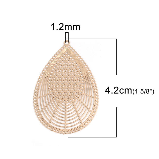 真鍮 透かしパーツ ペンダント ゴールドフィルド 滴 ドロップ 4.2cm x 2.7cm、 10 個 の画像