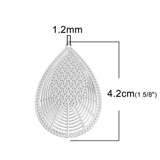 真鍮 透かしパーツ ペンダント シルバートーン 滴 ドロップ 4.2cm x 2.7cm、 10 個 の画像
