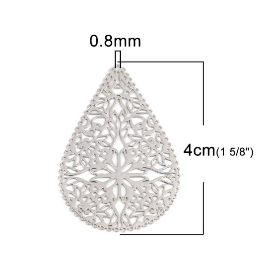 Bild von Messing Filigran Stempel Verzierung Anhänger Tropfen Silberfarbe 4cm x 2.7cm, 10 Stück                                                                                                                                                                        