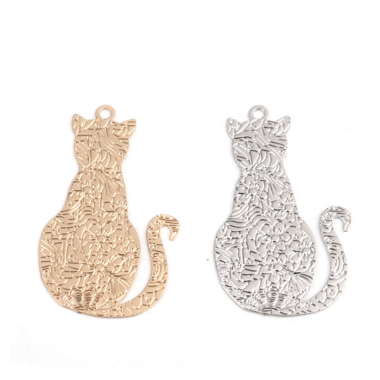 Bild von Messing Filigran Stempel Verzierung Charms Katze Vergoldet 29mm x 17mm, 10 Stück                                                                                                                                                                              