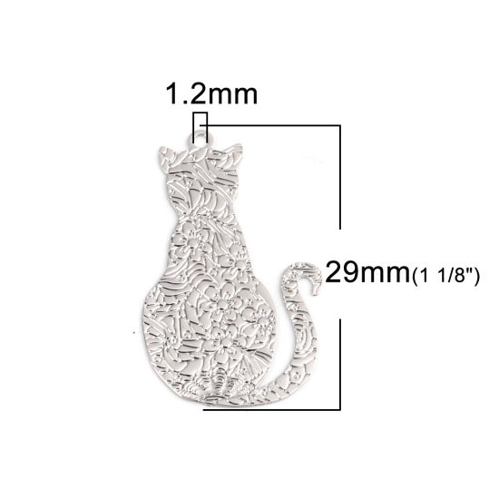 Image de Breloques Estampe en Filigrane en Laiton Chat Argent Mat 29mm x 17mm, 10 Pcs                                                                                                                                                                                  