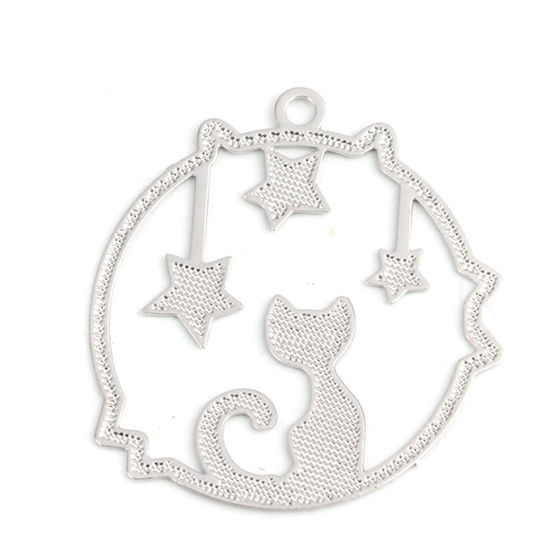 Image de Breloques Estampe en Filigrane en Laiton Rond Argent Mat Chats Creux 22mm x 20mm, 20 Pcs