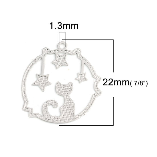 Image de Breloques Estampe en Filigrane en Laiton Rond Argent Mat Chats Creux 22mm x 20mm, 20 Pcs