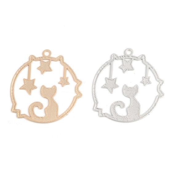 Image de Breloques Estampe en Filigrane en Laiton Rond Argent Mat Chats Creux 22mm x 20mm, 20 Pcs