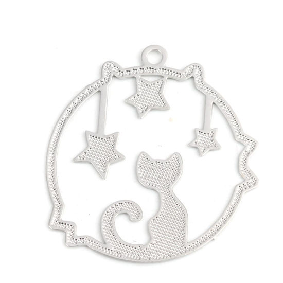 Image de Breloques Estampe en Filigrane en Laiton Rond Argent Mat Chats Creux 22mm x 20mm, 20 Pcs