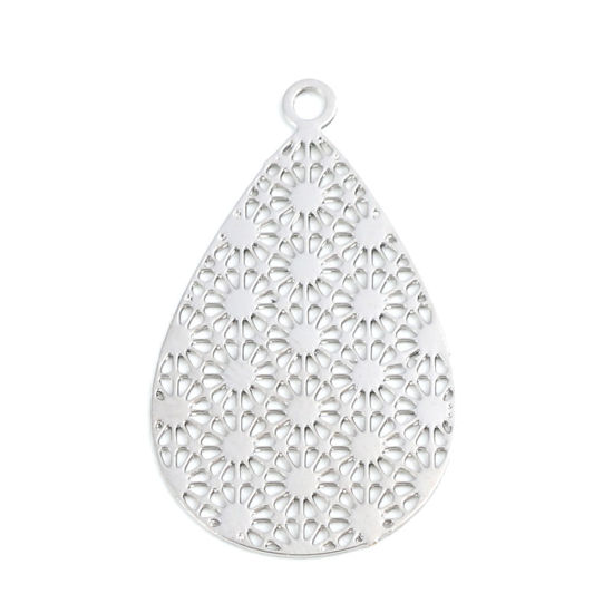 Picture of Brass Filigree Stamping Charms Silver Tone Drop Dot Hollow 23mm x 14mm, 20 PCs