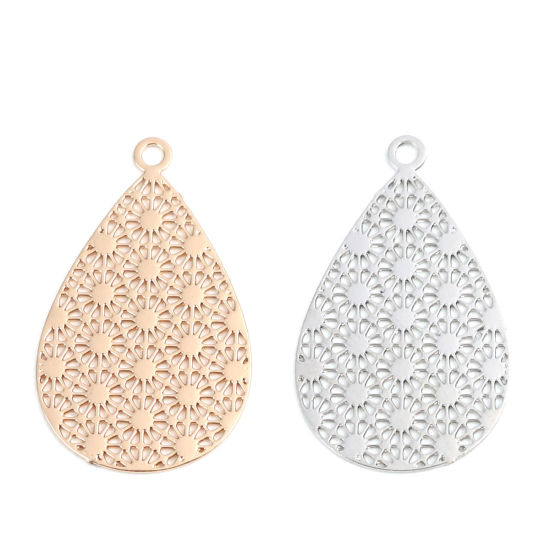 Picture of Brass Filigree Stamping Charms Silver Tone Drop Dot Hollow 23mm x 14mm, 20 PCs