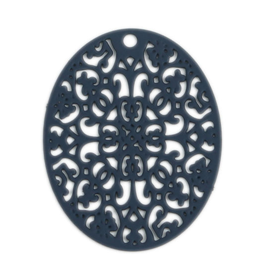 Picture of Brass Filigree Stamping Pendants Purple Gray Oval 3.1cm x 2.4cm, 10 PCs                                                                                                                                                                                       