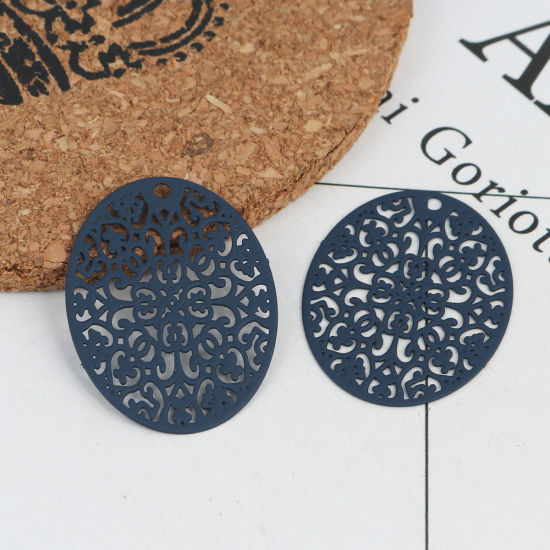 Picture of Brass Filigree Stamping Pendants Purple Gray Oval 3.1cm x 2.4cm, 10 PCs                                                                                                                                                                                       