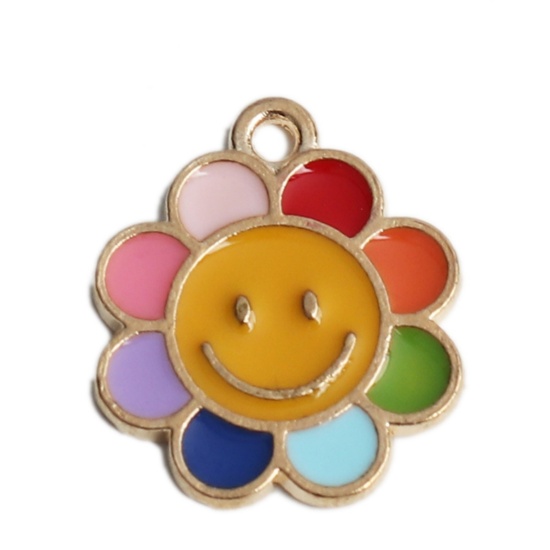 Bild von Zinklegierung Charms Blumen Vergoldet Bunt Lächeln Emaille 19mm x 16mm, 10 Stück