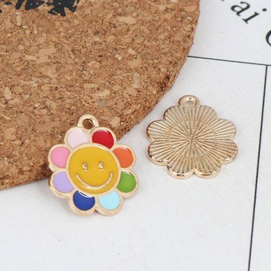 Bild von Zinklegierung Charms Blumen Vergoldet Bunt Lächeln Emaille 19mm x 16mm, 10 Stück