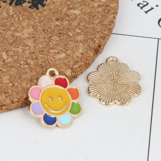 Bild von Zinklegierung Charms Blumen Vergoldet Bunt Lächeln Emaille 19mm x 16mm, 10 Stück
