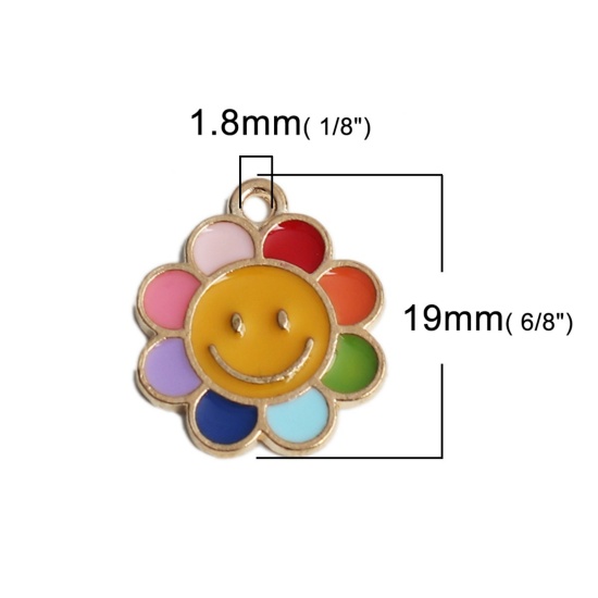 Bild von Zinklegierung Charms Blumen Vergoldet Bunt Lächeln Emaille 19mm x 16mm, 10 Stück