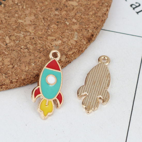 Imagen de Zamak Galaxia Colgantes Charms Cohete Chapado en Oro Multicolor Esmalte 25mm x 11mm, 20 Unidades