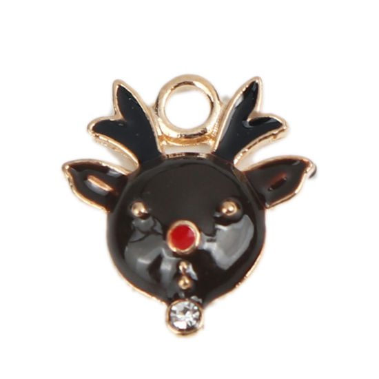 Imagen de Zamak Navidad Colgantes Charms Ciervo Chapado en Oro Negro Esmalte 18mm x 16mm, 10 Unidades