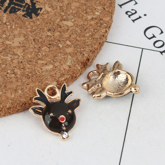 Imagen de Zamak Navidad Colgantes Charms Ciervo Chapado en Oro Negro Esmalte 18mm x 16mm, 10 Unidades