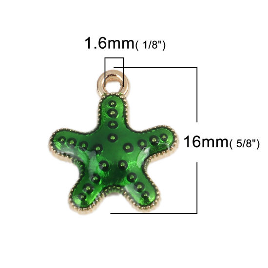 Bild von Zinklegierung Ozean Schmuck Charms Seesterne Vergoldet Grün Emaille 16mm x 14mm, 20 Stück