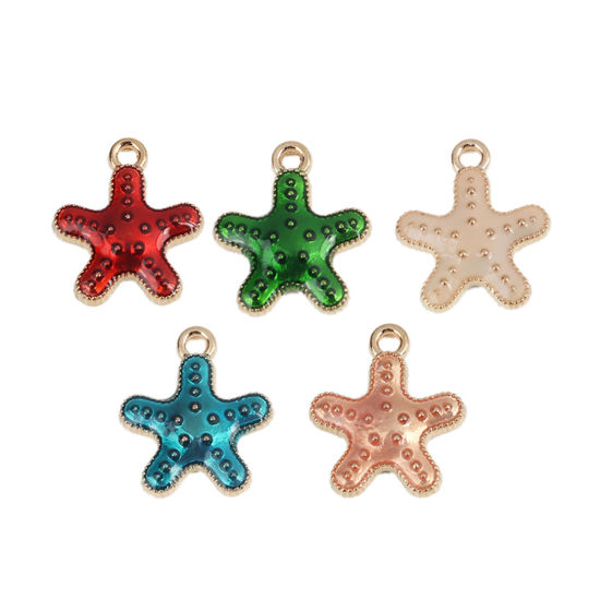Bild von Zinklegierung Ozean Schmuck Charms Seesterne Vergoldet Grün Emaille 16mm x 14mm, 20 Stück