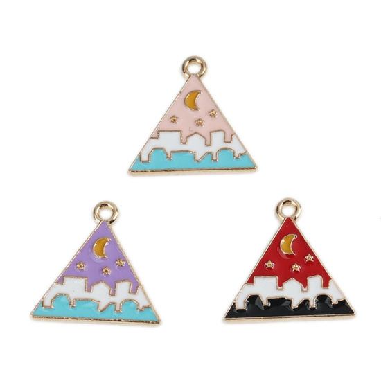 Imagen de Zamak Colgantes Charms Triángulo Chapado en Oro Multicolor Luna Esmalte 20mm x 19mm, 10 Unidades