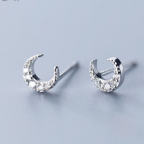 Picture of Sterling Silver Ear Post Stud Earrings Silver Half Moon Clear Rhinestone 6mm x 6mm, Post/ Wire Size: (21 gauge), 1 Pair