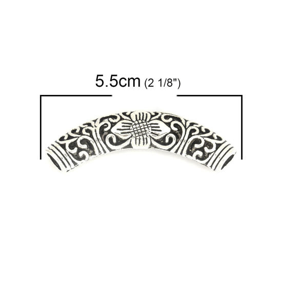 Picture of Zinc Based Alloy Spacer Beads Curved Tube Antique Silver Color Flower About 5.5cm x 1.6cm, Hole: Approx 5.1mm, 2 PCs