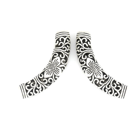 Picture of Zinc Based Alloy Spacer Beads Curved Tube Antique Silver Color Flower About 5.5cm x 1.6cm, Hole: Approx 5.1mm, 2 PCs